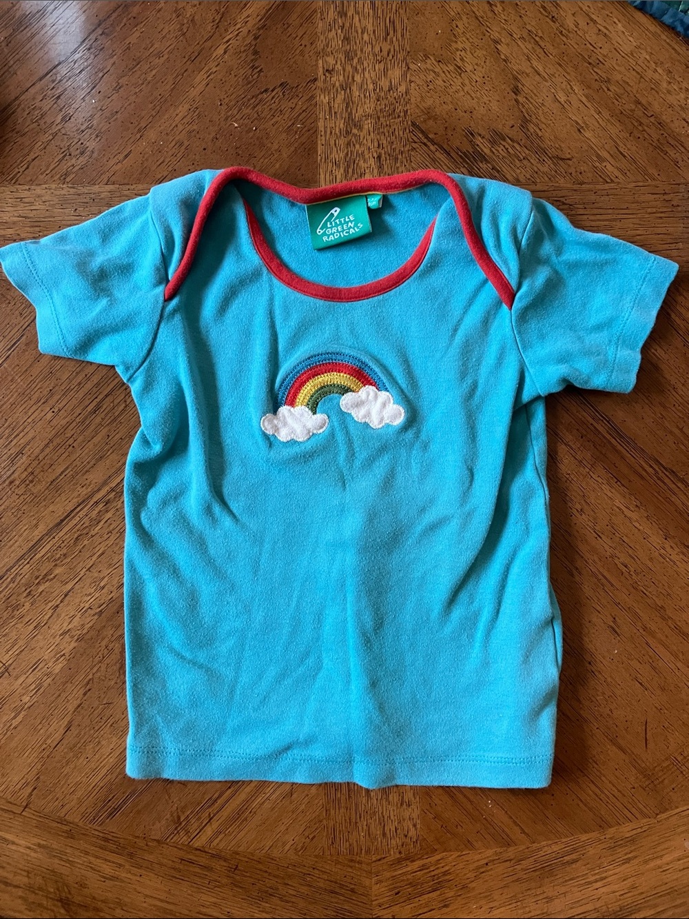 Little Green Radicals Turquoise Tee with Rainbow Patch and Red Trim